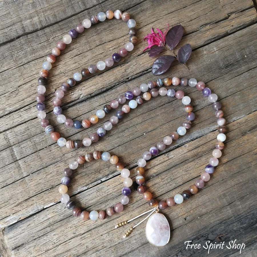 108 Natural Botswana Agate & Amethyst Mala Bead Necklace