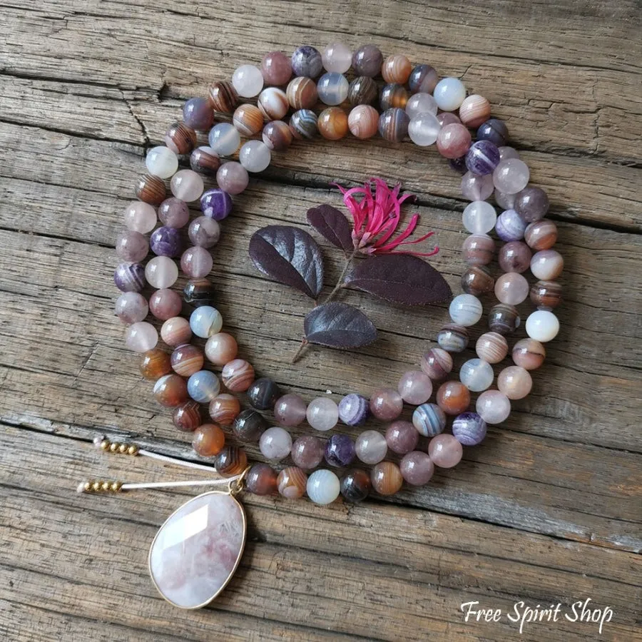 108 Natural Botswana Agate & Amethyst Mala Bead Necklace