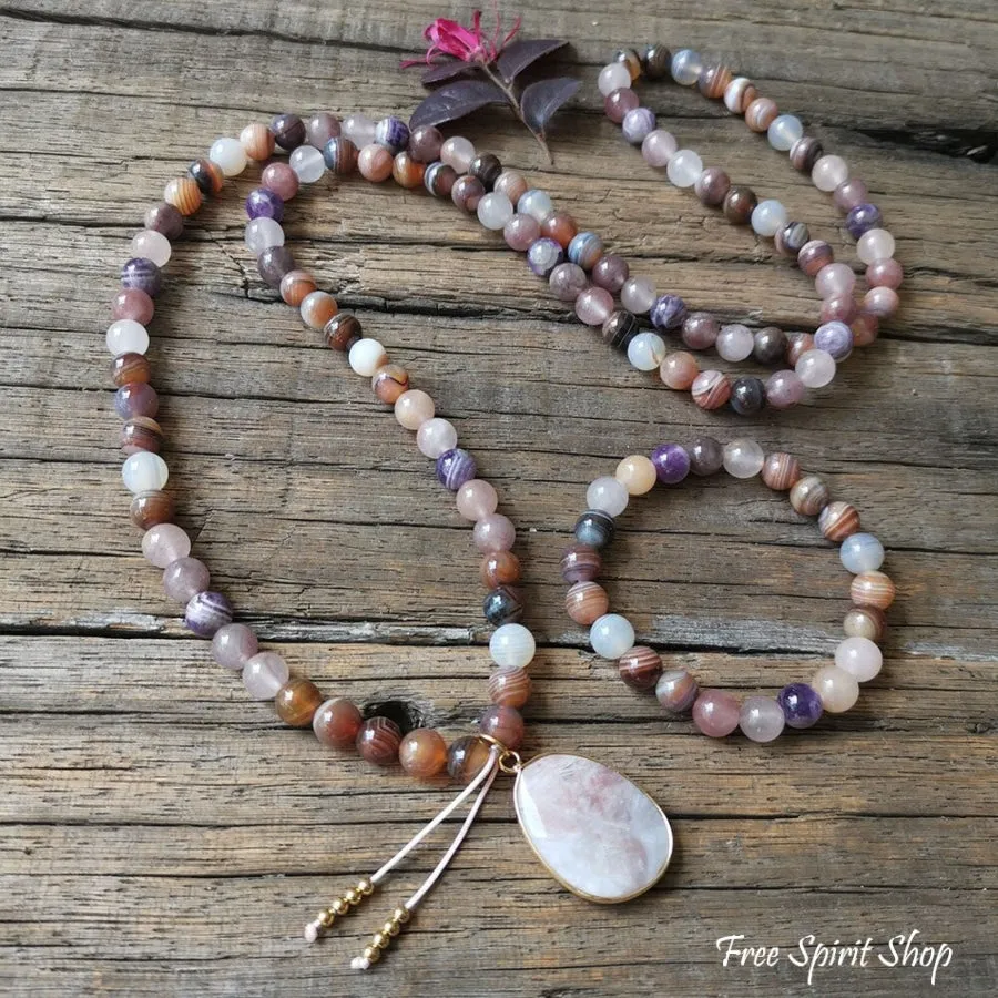 108 Natural Botswana Agate & Amethyst Mala Bead Necklace