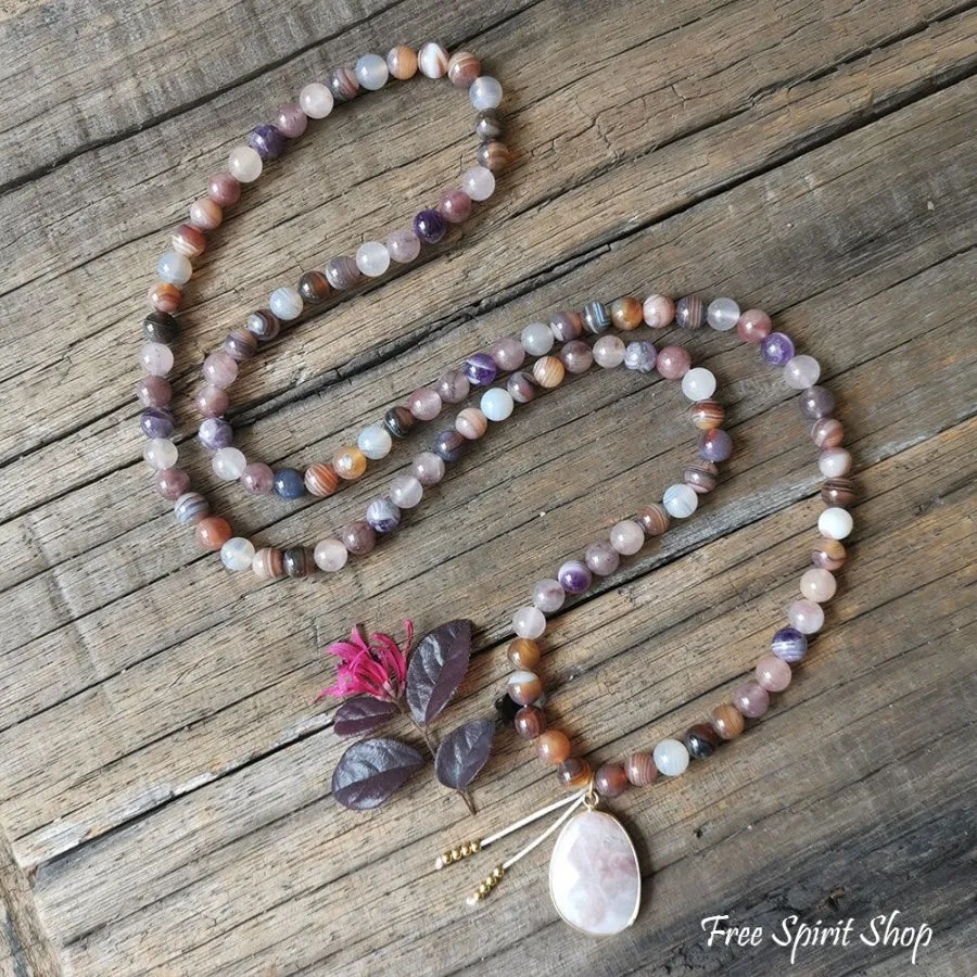 108 Natural Botswana Agate & Amethyst Mala Bead Necklace