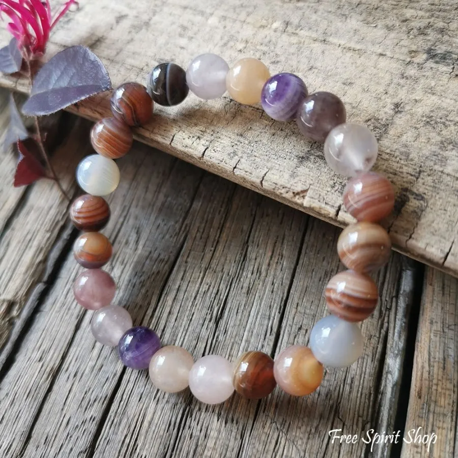 108 Natural Botswana Agate & Amethyst Mala Bead Necklace