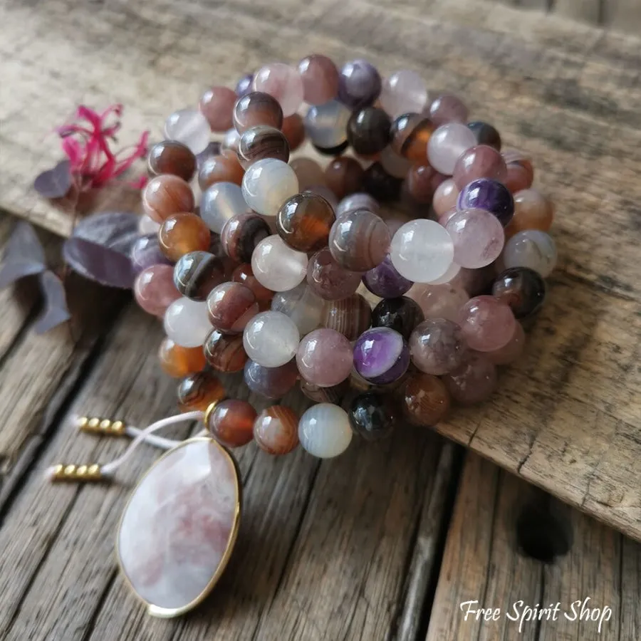 108 Natural Botswana Agate & Amethyst Mala Bead Necklace