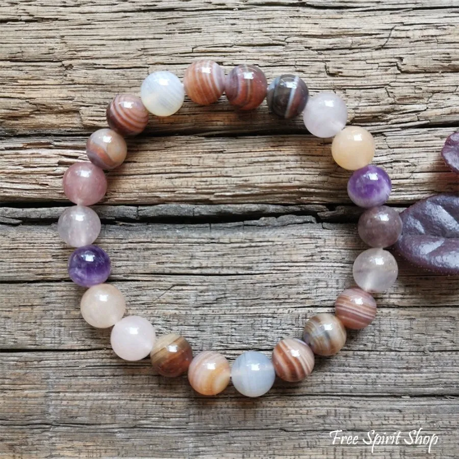 108 Natural Botswana Agate & Amethyst Mala Bead Necklace