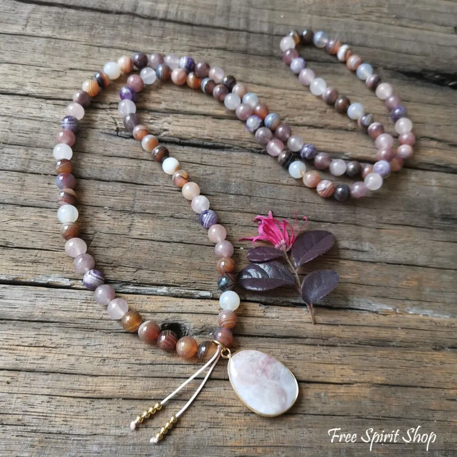 108 Natural Botswana Agate & Amethyst Mala Bead Necklace