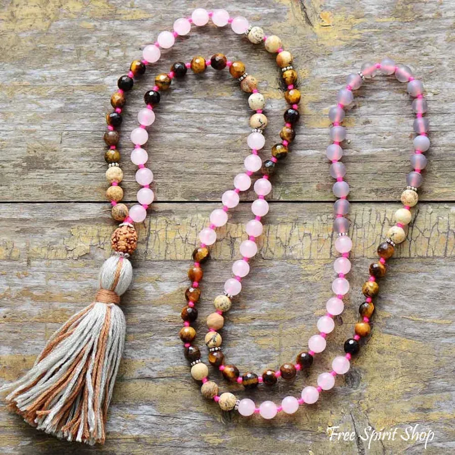 108 Natural Rose Quartz Tiger Eye Jasper Gemstone Mala Bead Necklace