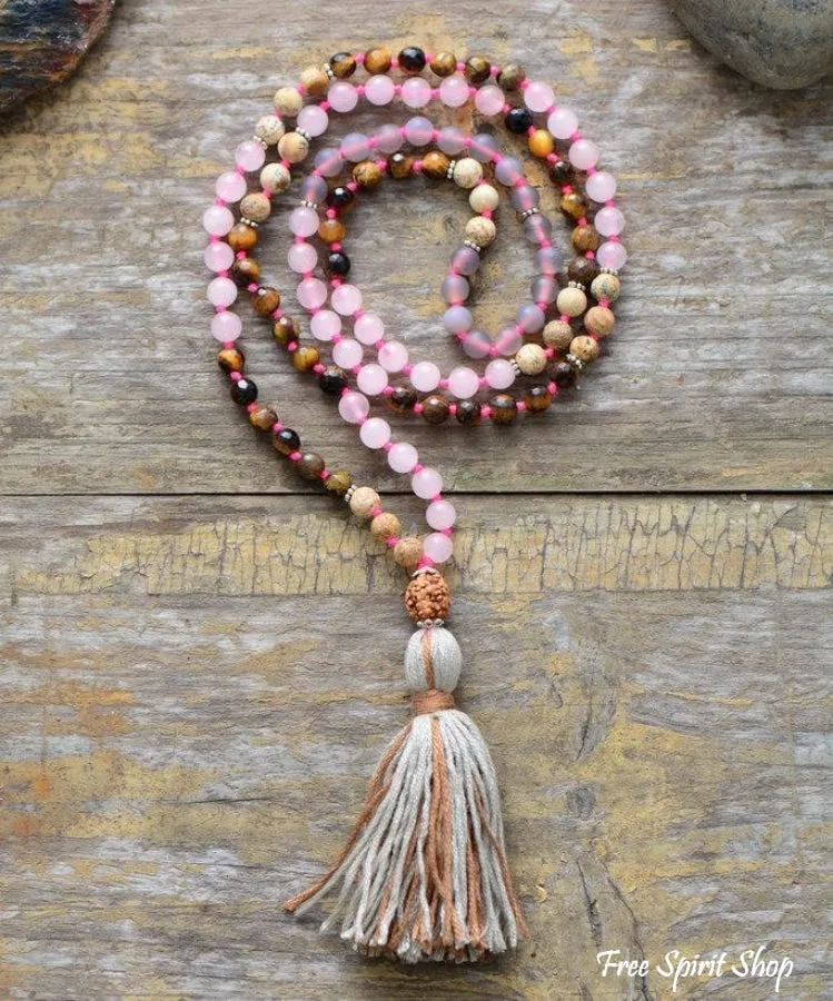 108 Natural Rose Quartz Tiger Eye Jasper Gemstone Mala Bead Necklace