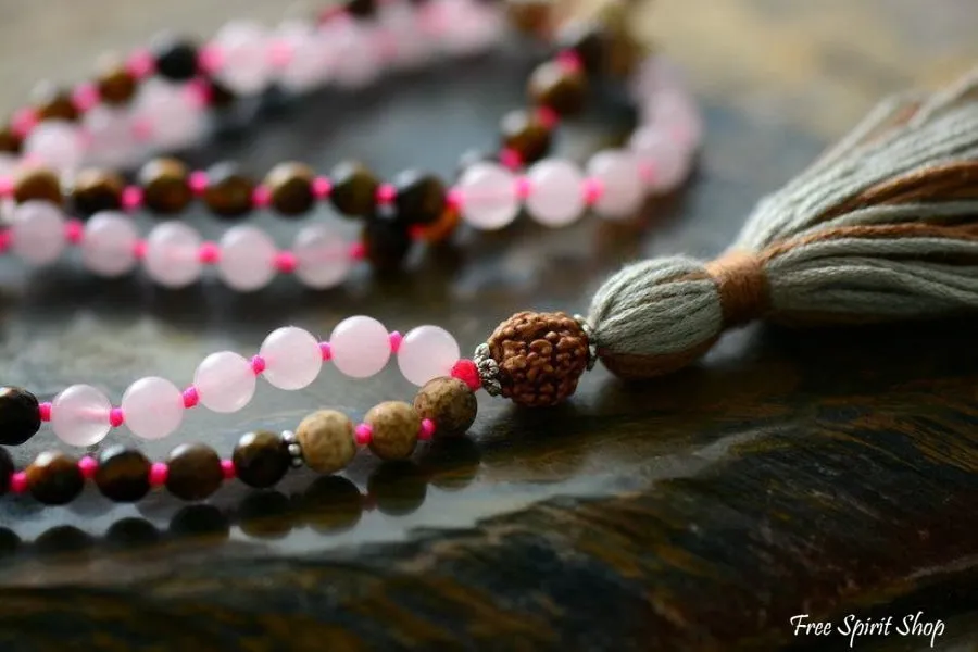 108 Natural Rose Quartz Tiger Eye Jasper Gemstone Mala Bead Necklace