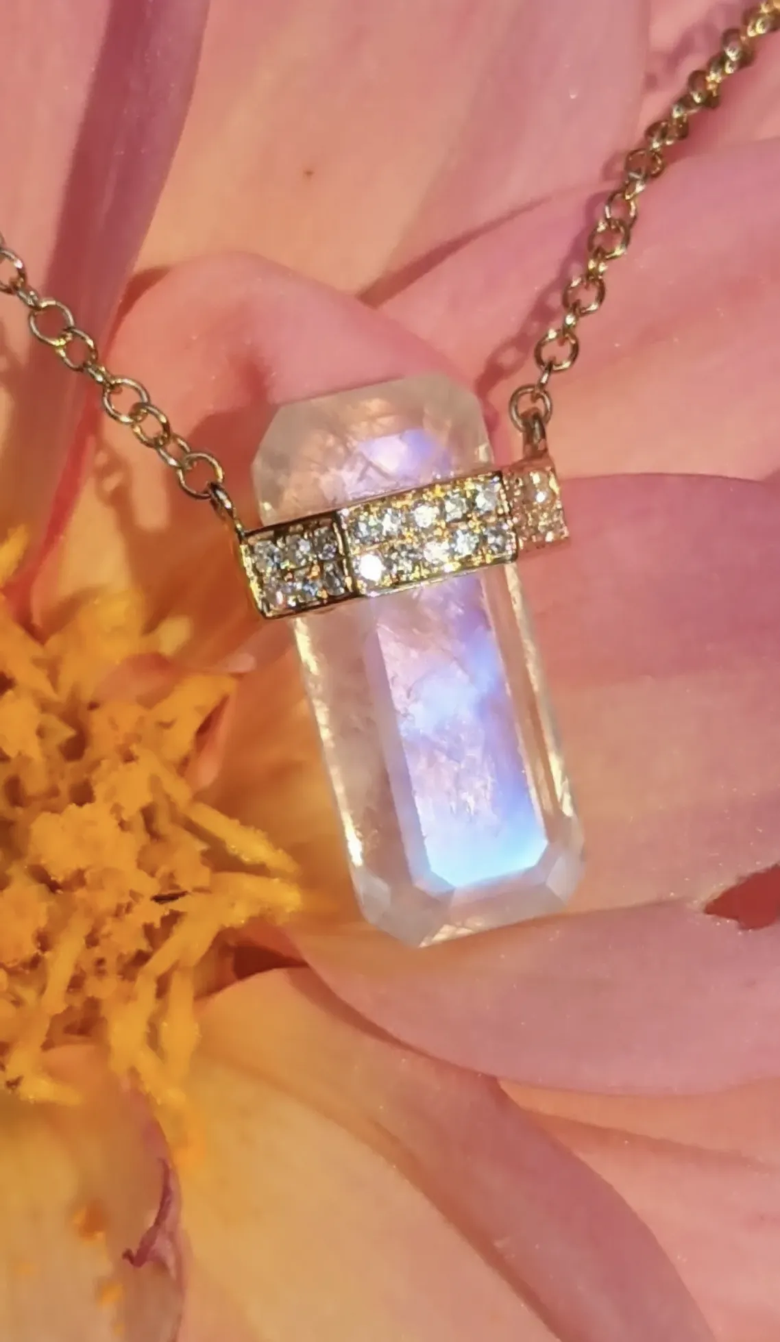 14k Moonstone Huggie Necklace with Diamonds