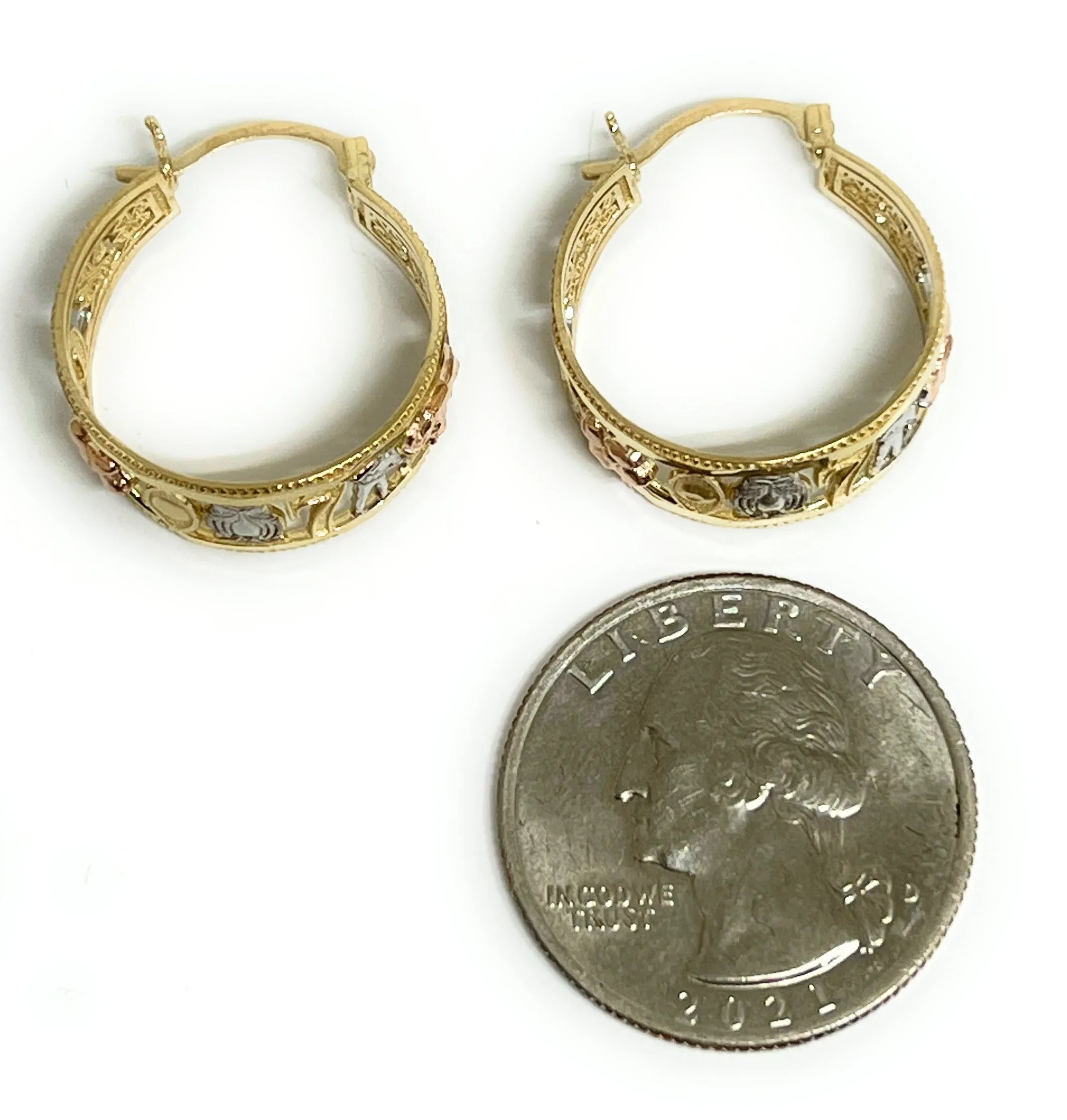 14k Solid Gold Tri-Color Lucky Symbols Basket Earrings Aracadas 0.75 INCH HOOP