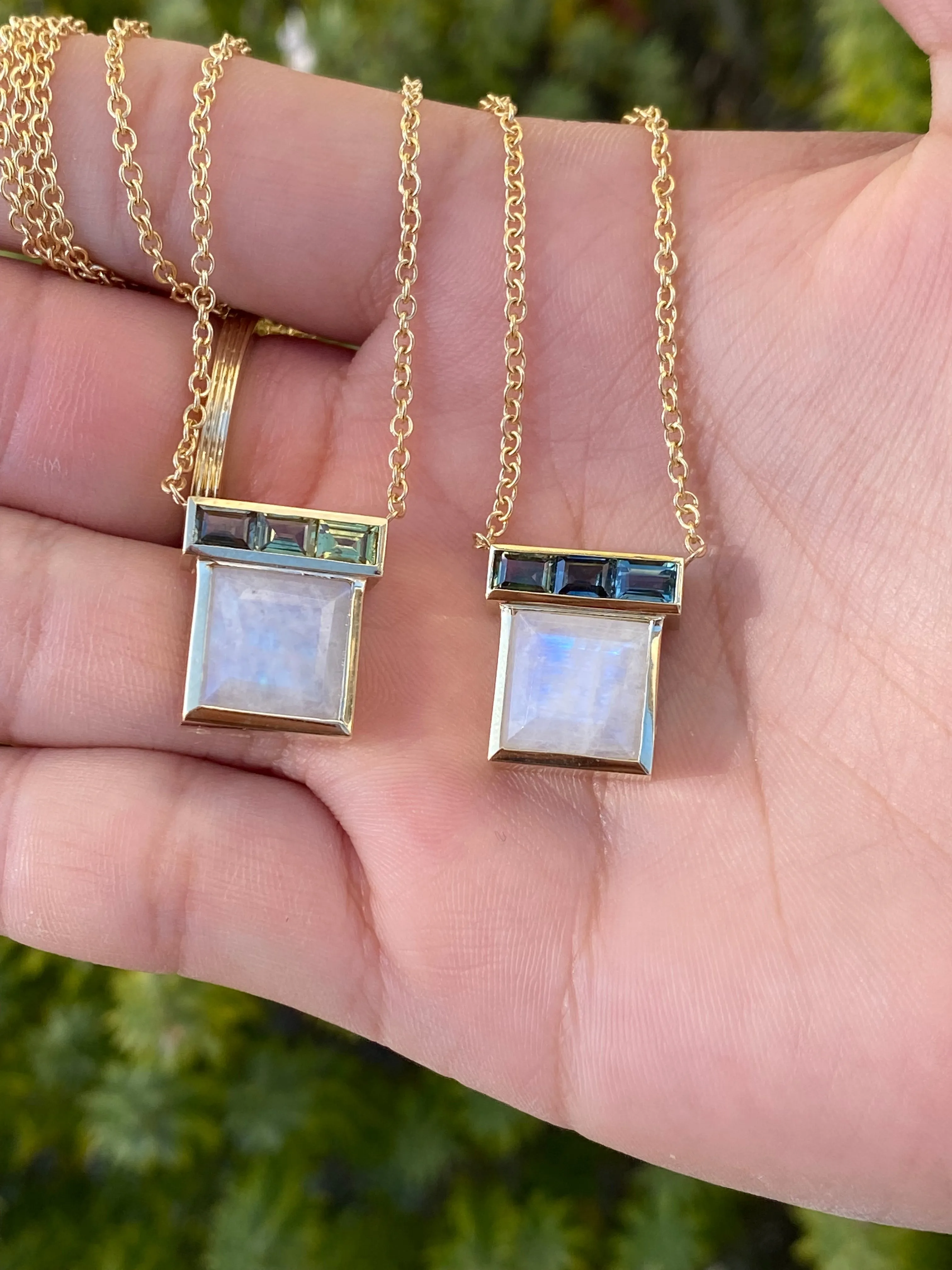 14K YG Moonstone and Sapphire Baguette Necklace