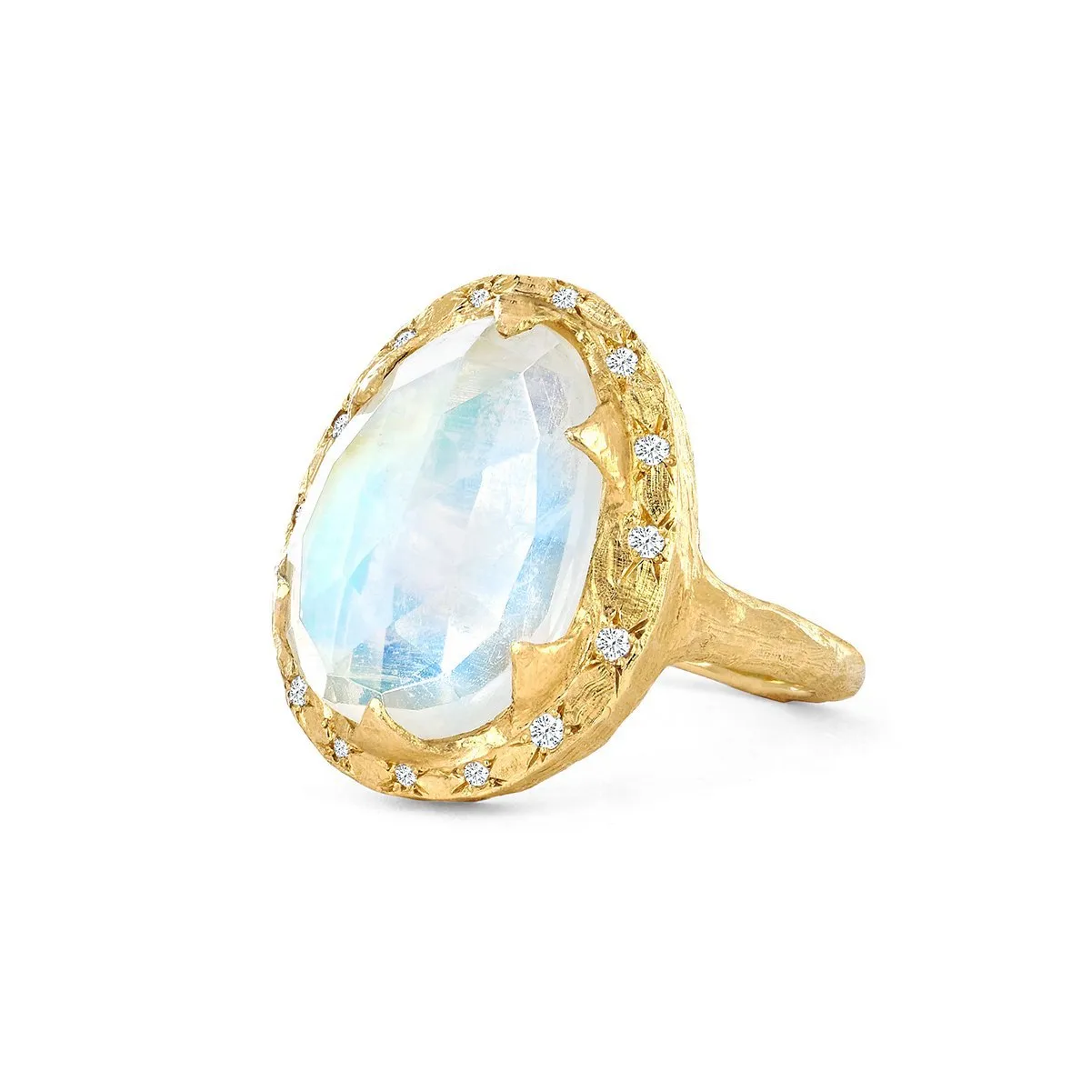 18k Queen Premium Rose Cut Oval Moonstone Ring with Sprinkled Diamonds | Ready to Ship