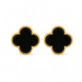 18K Yellow Gold clover Onyx Earrings-68282