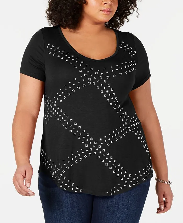 Belldini Women's Short Sleeve Studded Top Black Size XX-Large