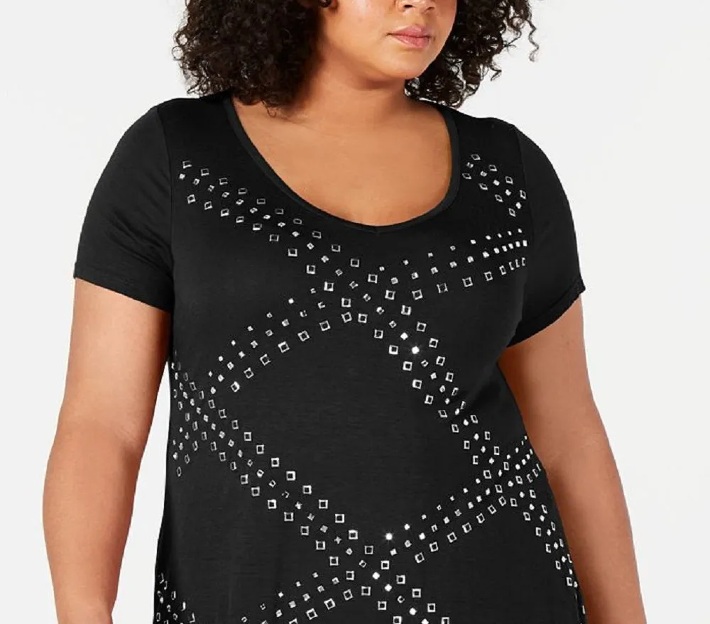 Belldini Women's Short Sleeve Studded Top Black Size XX-Large