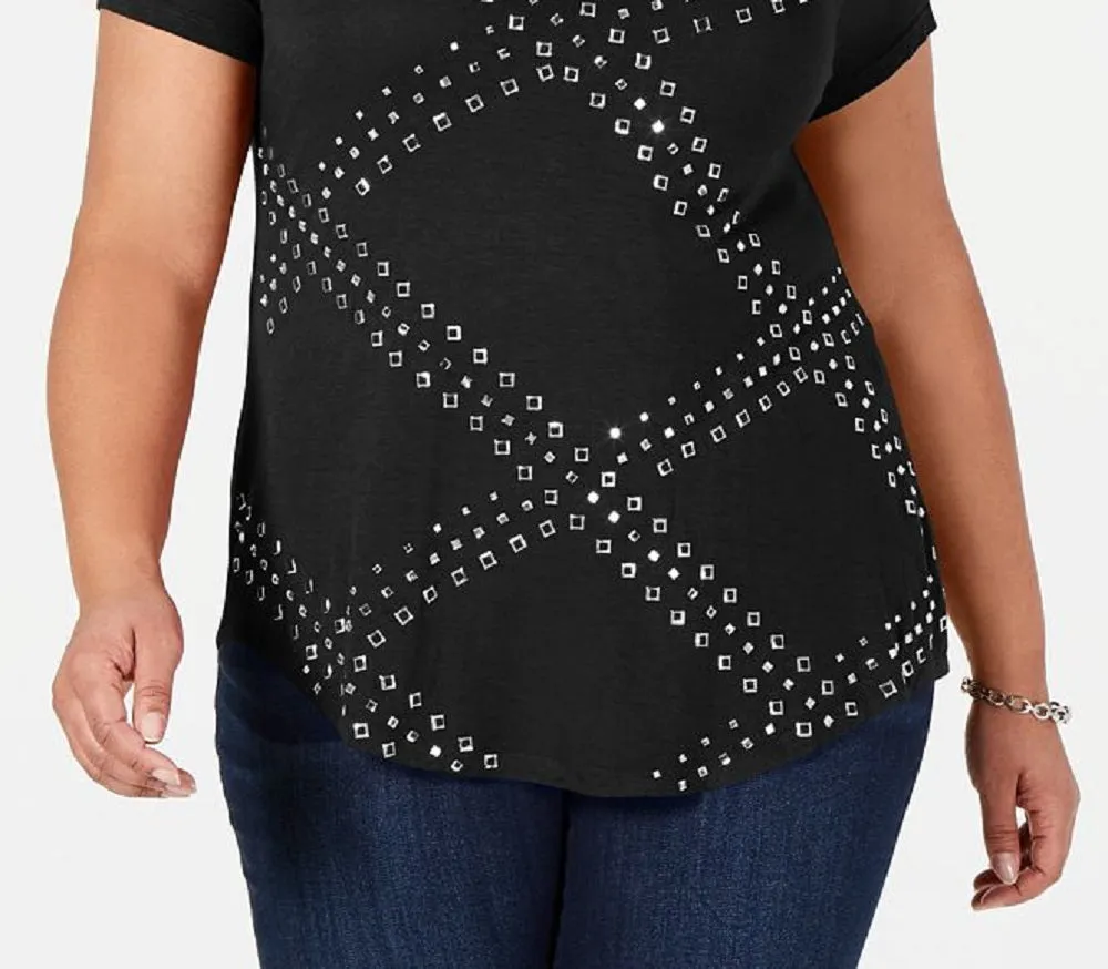 Belldini Women's Short Sleeve Studded Top Black Size XX-Large