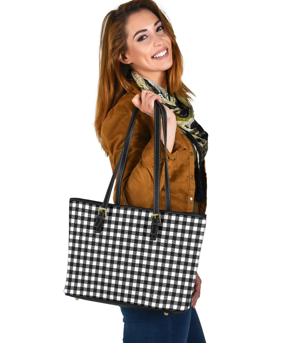 Black and White Buffalo Plaid Printed Small Leather Tote Bag