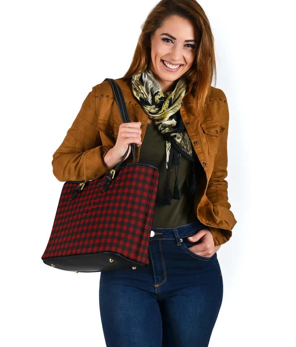 Black and White Buffalo Plaid Printed Small Leather Tote Bag