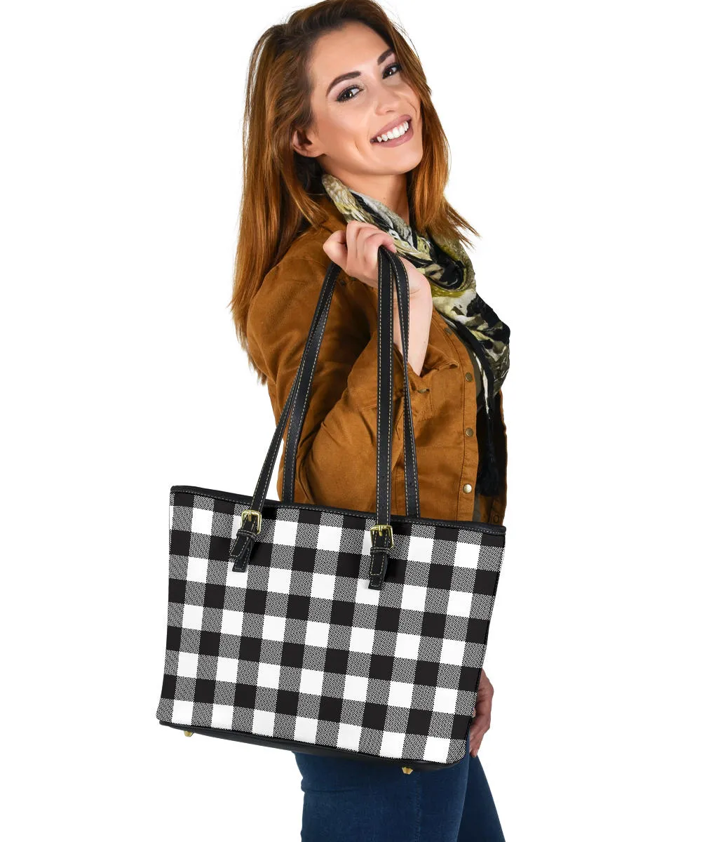 Black and White Buffalo Plaid Printed Small Leather Tote Bag