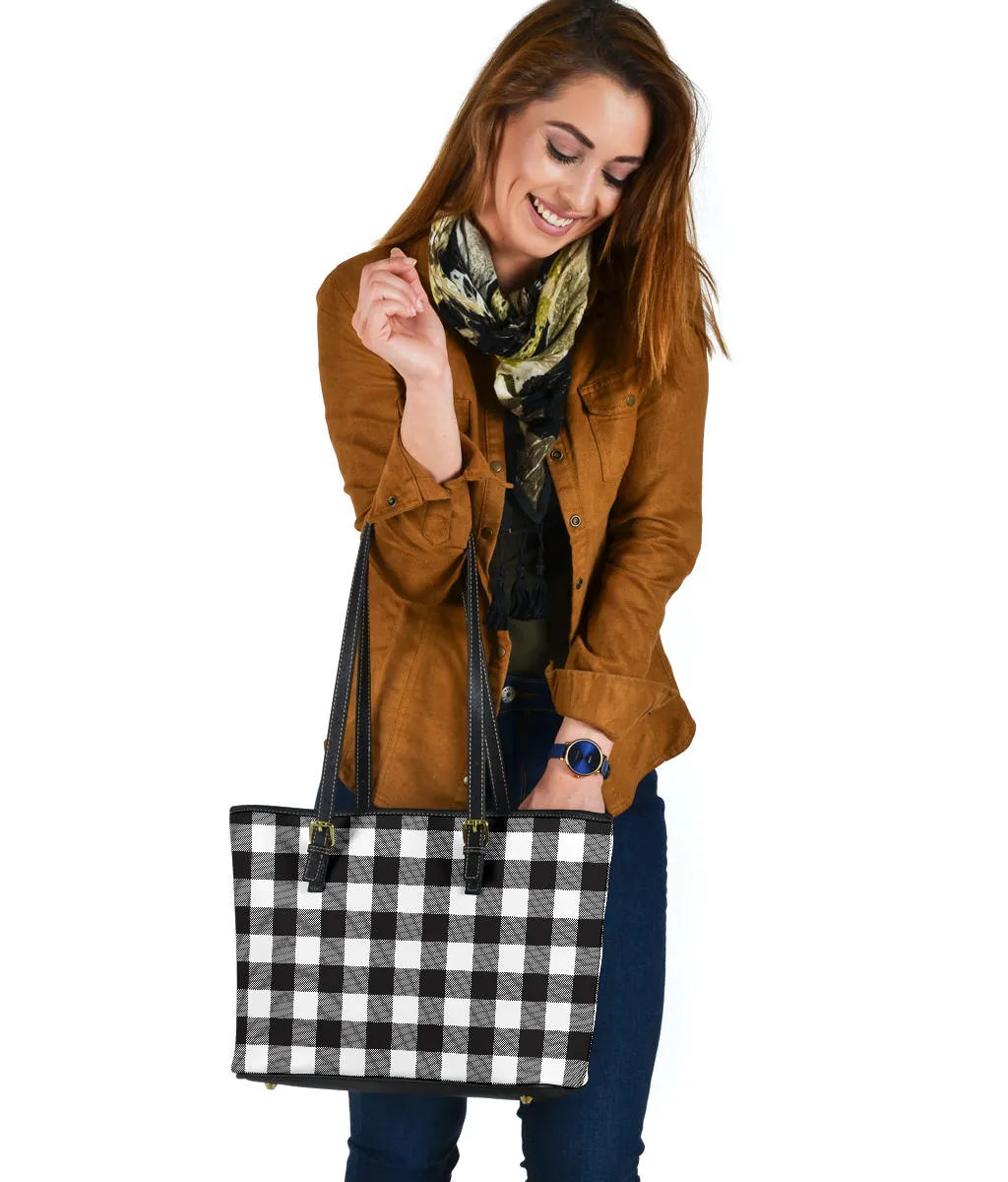 Black and White Buffalo Plaid Printed Small Leather Tote Bag