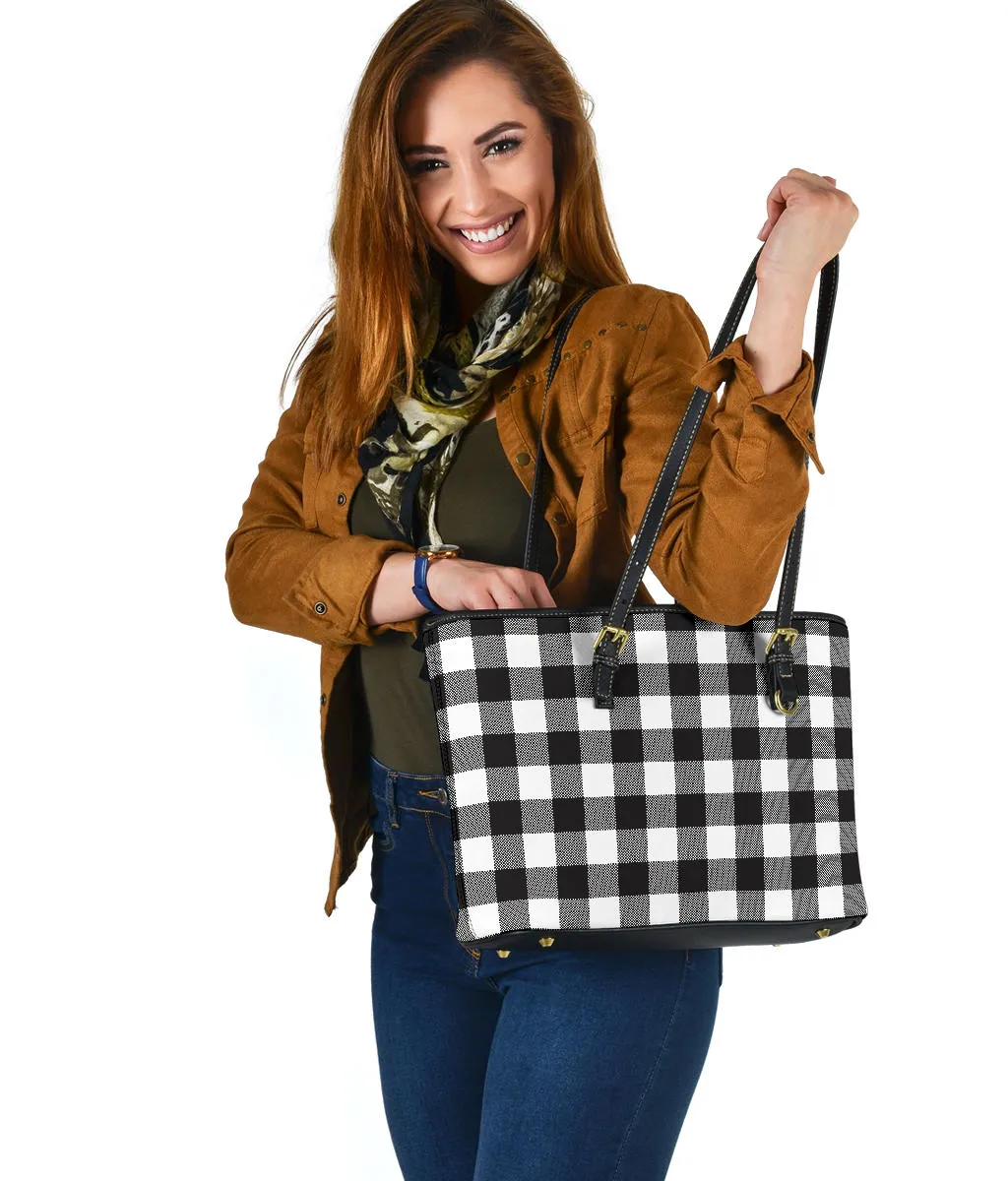 Black and White Buffalo Plaid Printed Small Leather Tote Bag