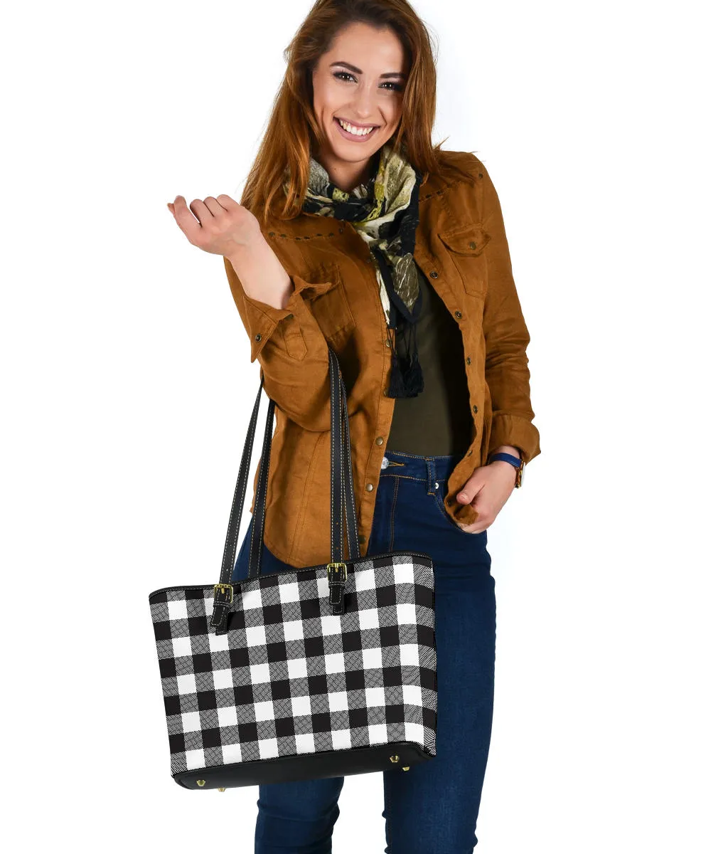 Black and White Buffalo Plaid Printed Small Leather Tote Bag