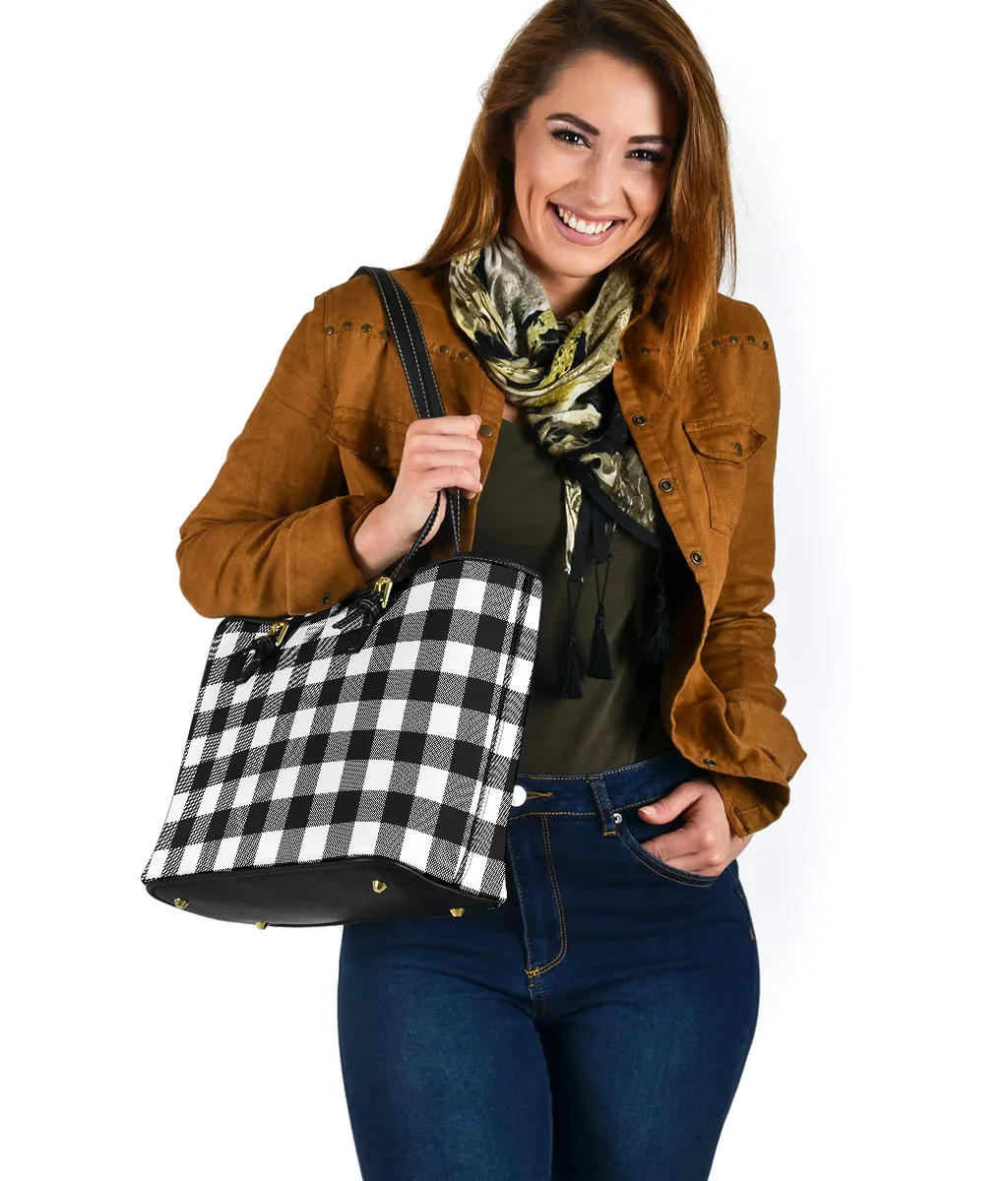 Black and White Buffalo Plaid Printed Small Leather Tote Bag