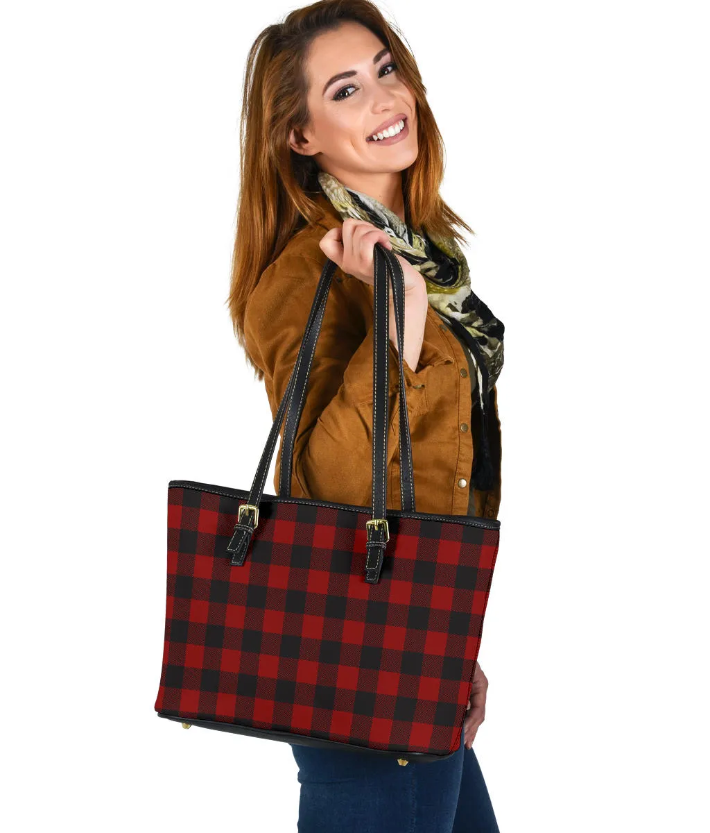 Black and White Buffalo Plaid Printed Small Leather Tote Bag