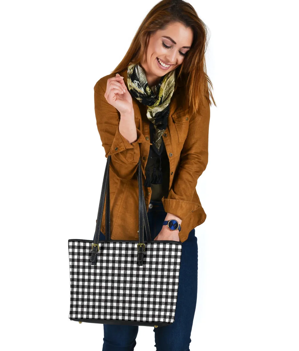 Black and White Buffalo Plaid Printed Small Leather Tote Bag