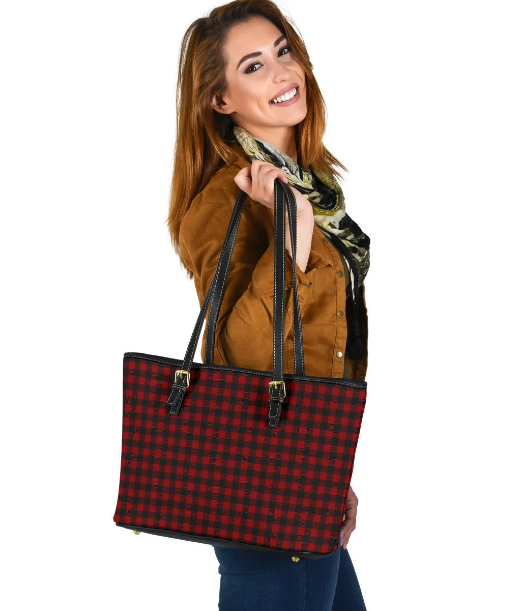 Black and White Buffalo Plaid Printed Small Leather Tote Bag