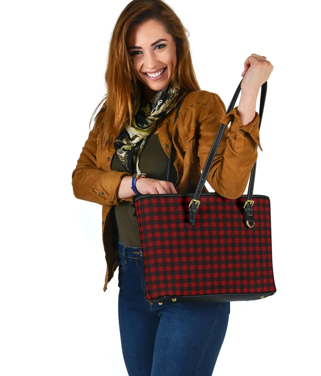 Black and White Buffalo Plaid Printed Small Leather Tote Bag