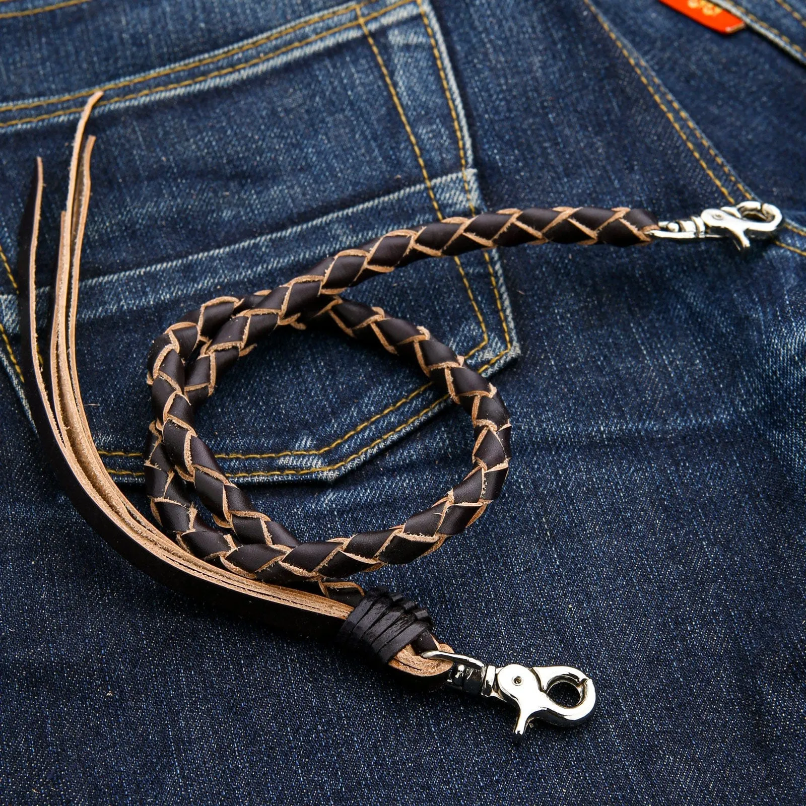 Black Braided Genuine Cowhide Leather Wallet Chain