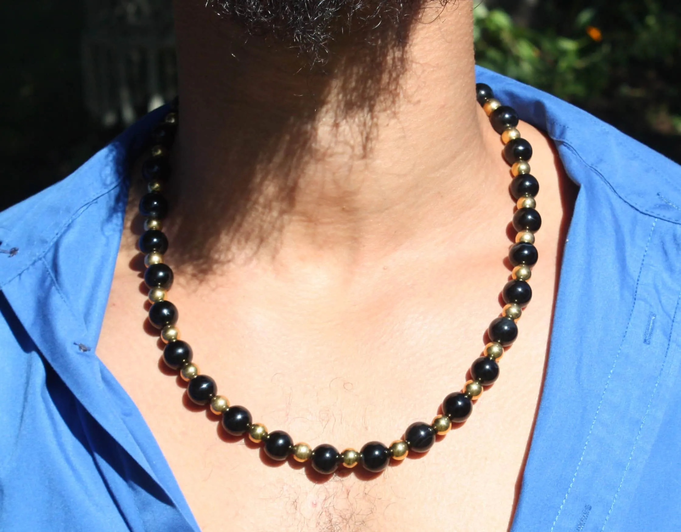 Black Onyx and Gold Necklace For Men/Women - 18k Gold Plated Copper Beads - AAA Genuine Onyx Gemstones   World's Strongest Magne