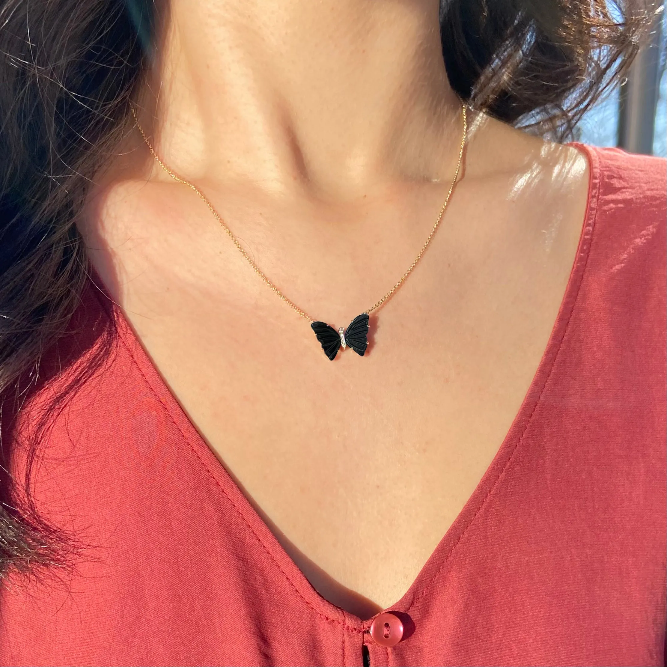 Black Onyx Butterfly Necklace with Diamonds and Prongs