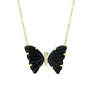 Black Onyx Butterfly Necklace with Diamonds and Prongs