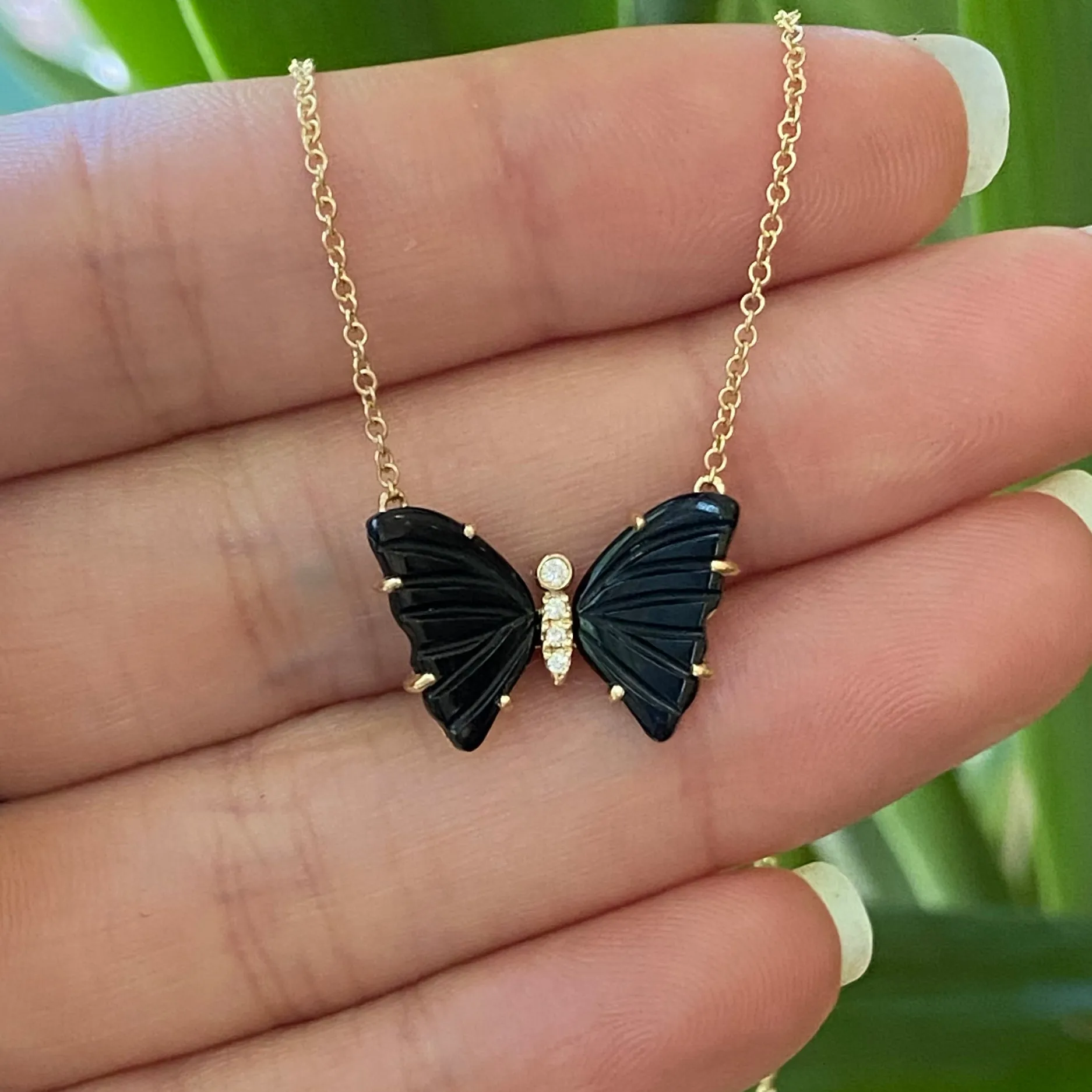 Black Onyx Butterfly Necklace with Diamonds and Prongs