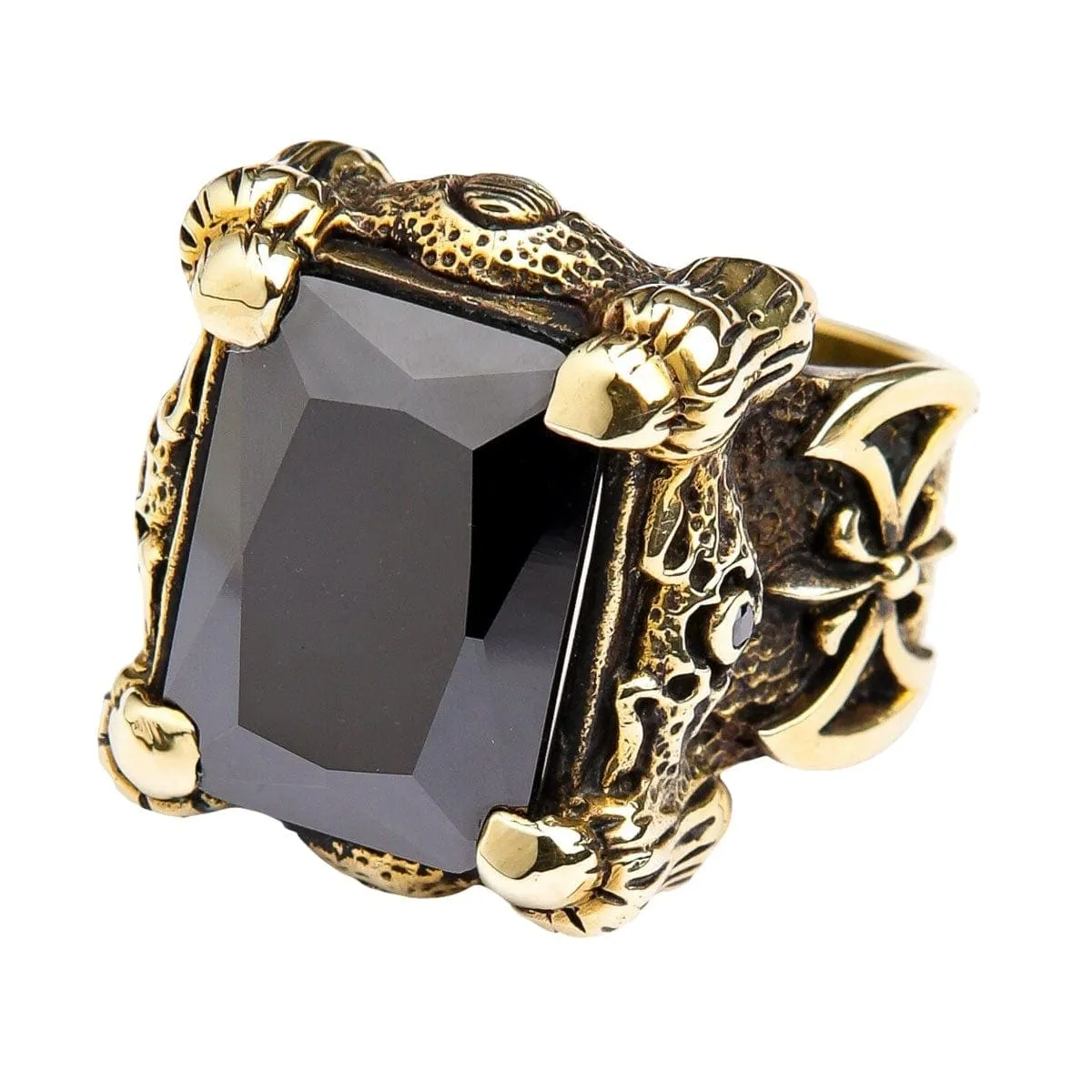 Black Onyx Dragon Claw Axe Solid Brass Biker Ring