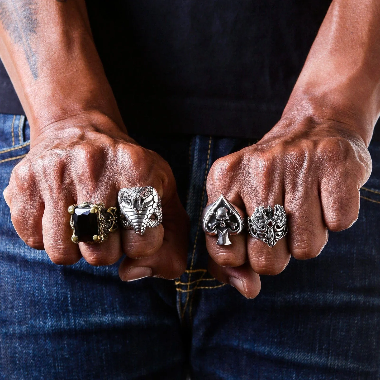 Black Onyx Dragon Claw Axe Solid Brass Biker Ring