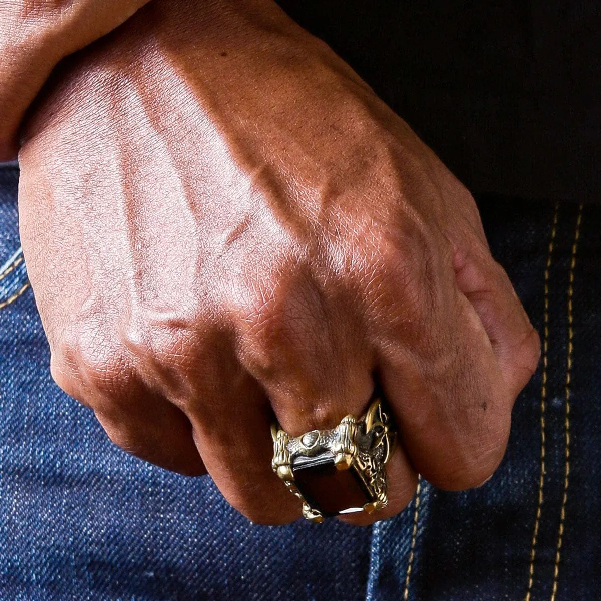 Black Onyx Dragon Claw Axe Solid Brass Biker Ring