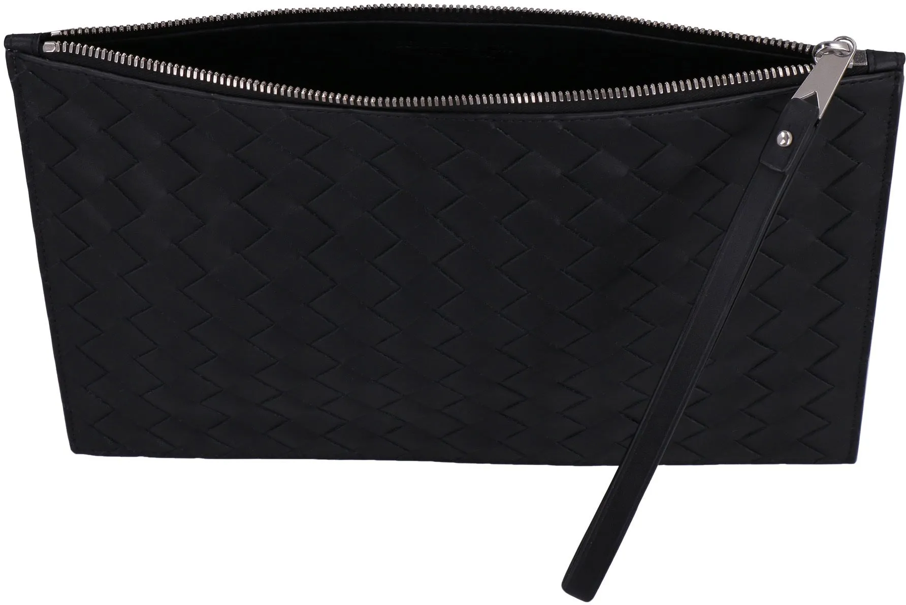 BOTTEGA VENETA Medium Black Calfskin Leather Clutch with Intrecciato Weave and Wrist Strap, 21x30cm