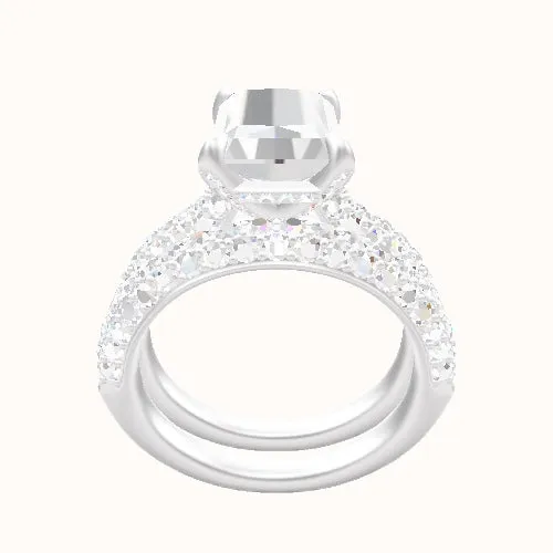 Cathedral Three Row Pave Engagement Ring With Pave Basket Head and Matching Band