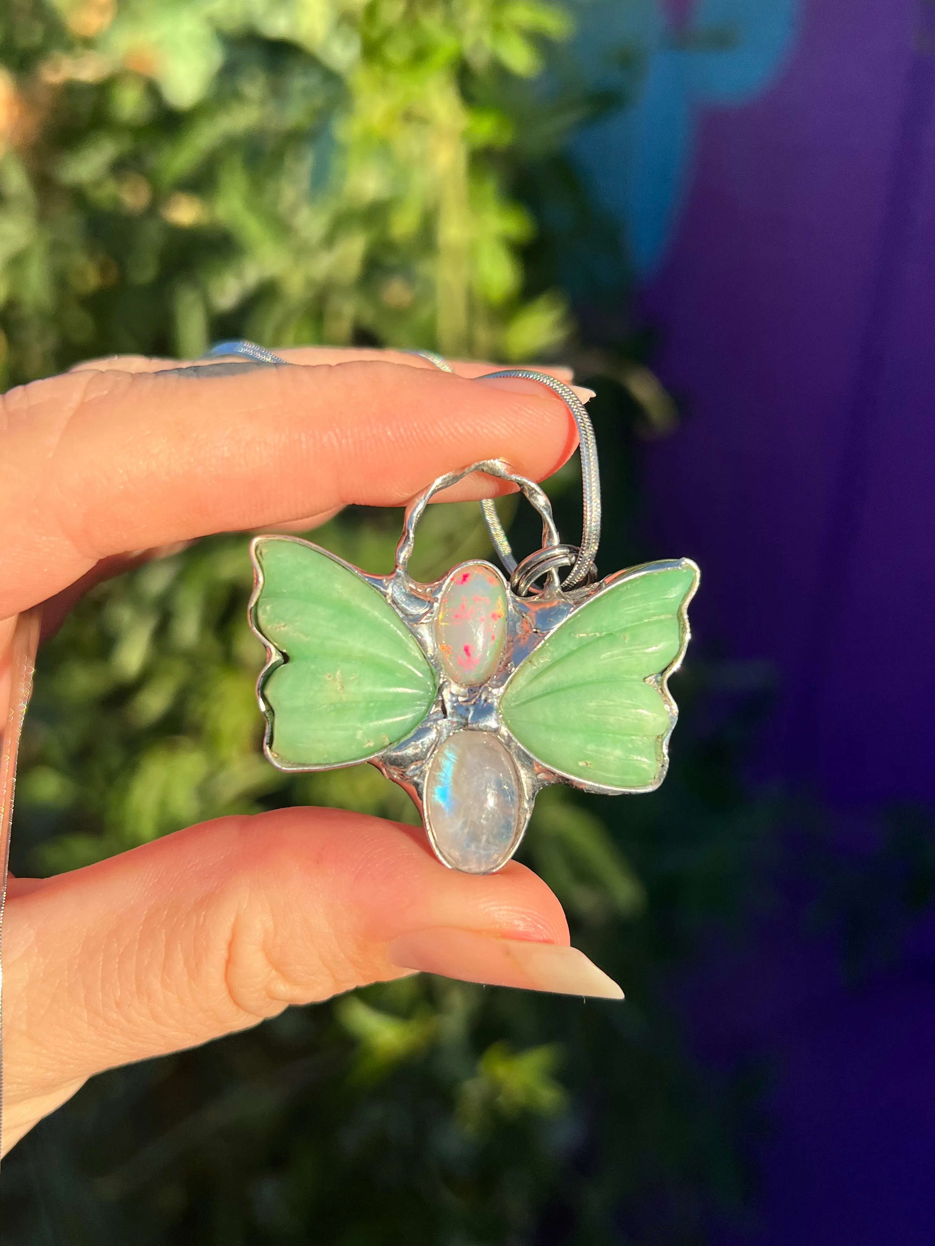 Chrysoprase, Opal and moonstone butterfly amulet