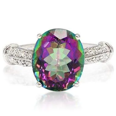 CLASSIC 4.58 CT MYSTIC GEMSTONE & 8 PCS WHITE DIAMOND 10K SOLID WHITE GOLD RING