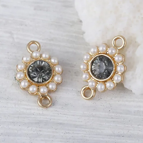 Connectors, Round, Faceted, Imitation Pearls, Grey, Rhinestone, Light Gold Alloy, 17mm