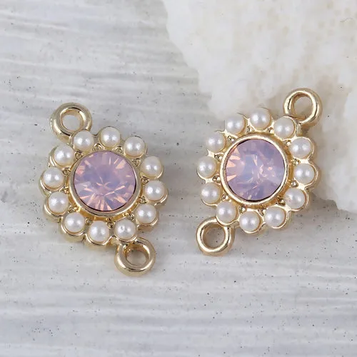 Connectors, Round, Faceted, Imitation Pearls, Pink, Rhinestone, Light Gold Alloy, 17mm