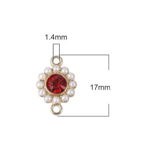 Connectors, Round, Faceted, Imitation Pearls, Red, Rhinestone, Light Gold Alloy, 17mm