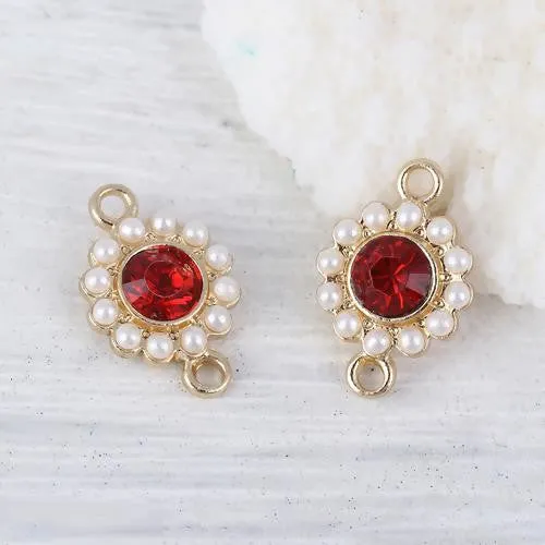 Connectors, Round, Faceted, Imitation Pearls, Red, Rhinestone, Light Gold Alloy, 17mm