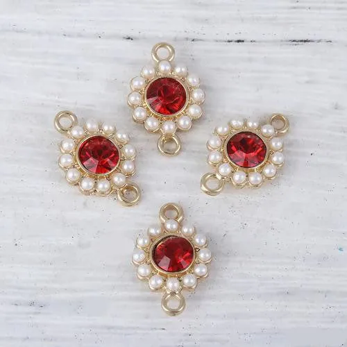 Connectors, Round, Faceted, Imitation Pearls, Red, Rhinestone, Light Gold Alloy, 17mm