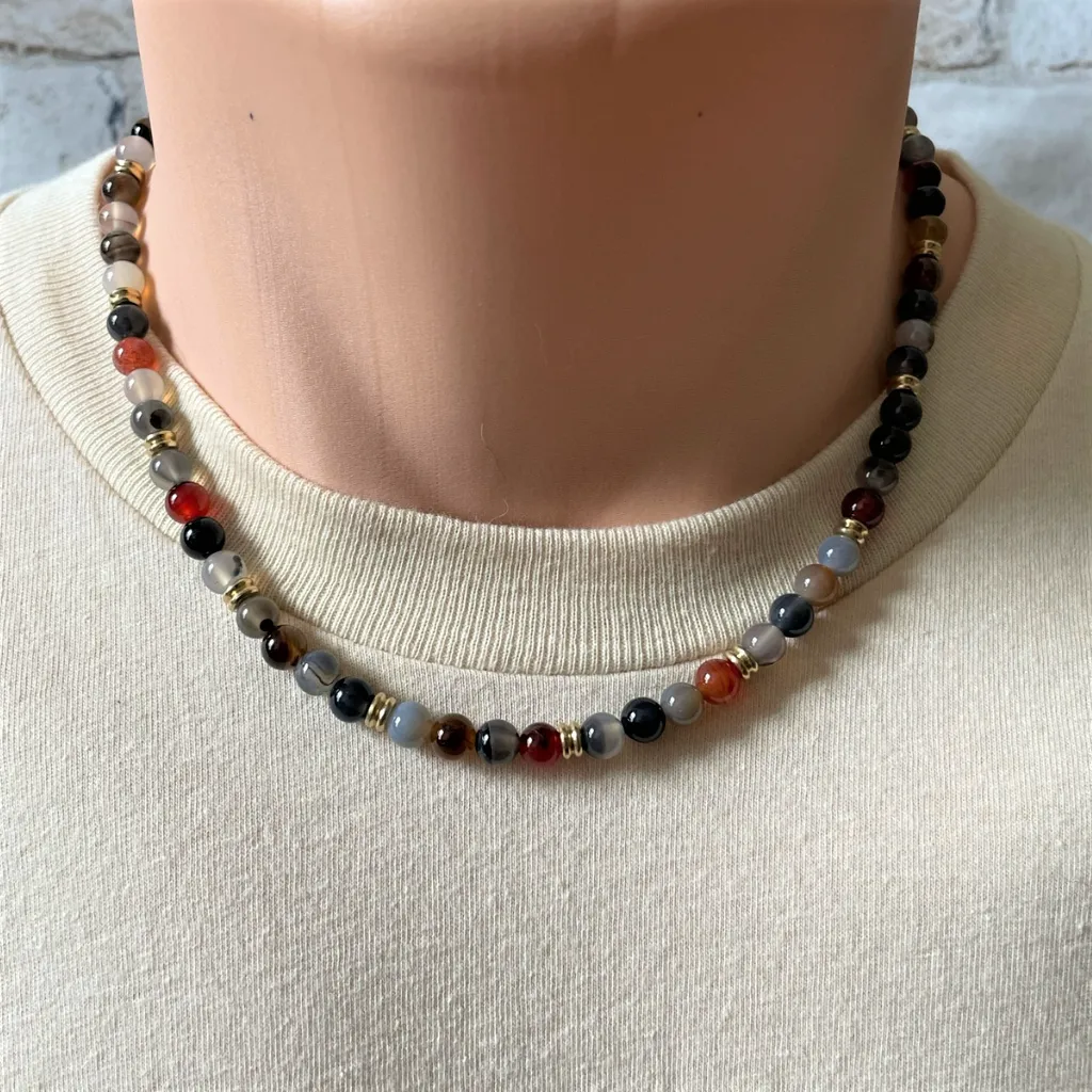 Dark Multi Agate and Gold Mens Beaded Necklace