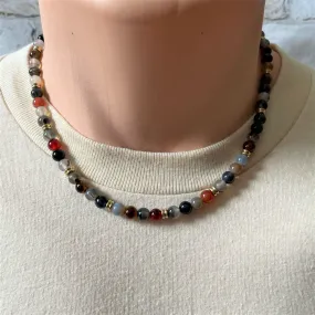 Dark Multi Agate and Gold Mens Beaded Necklace