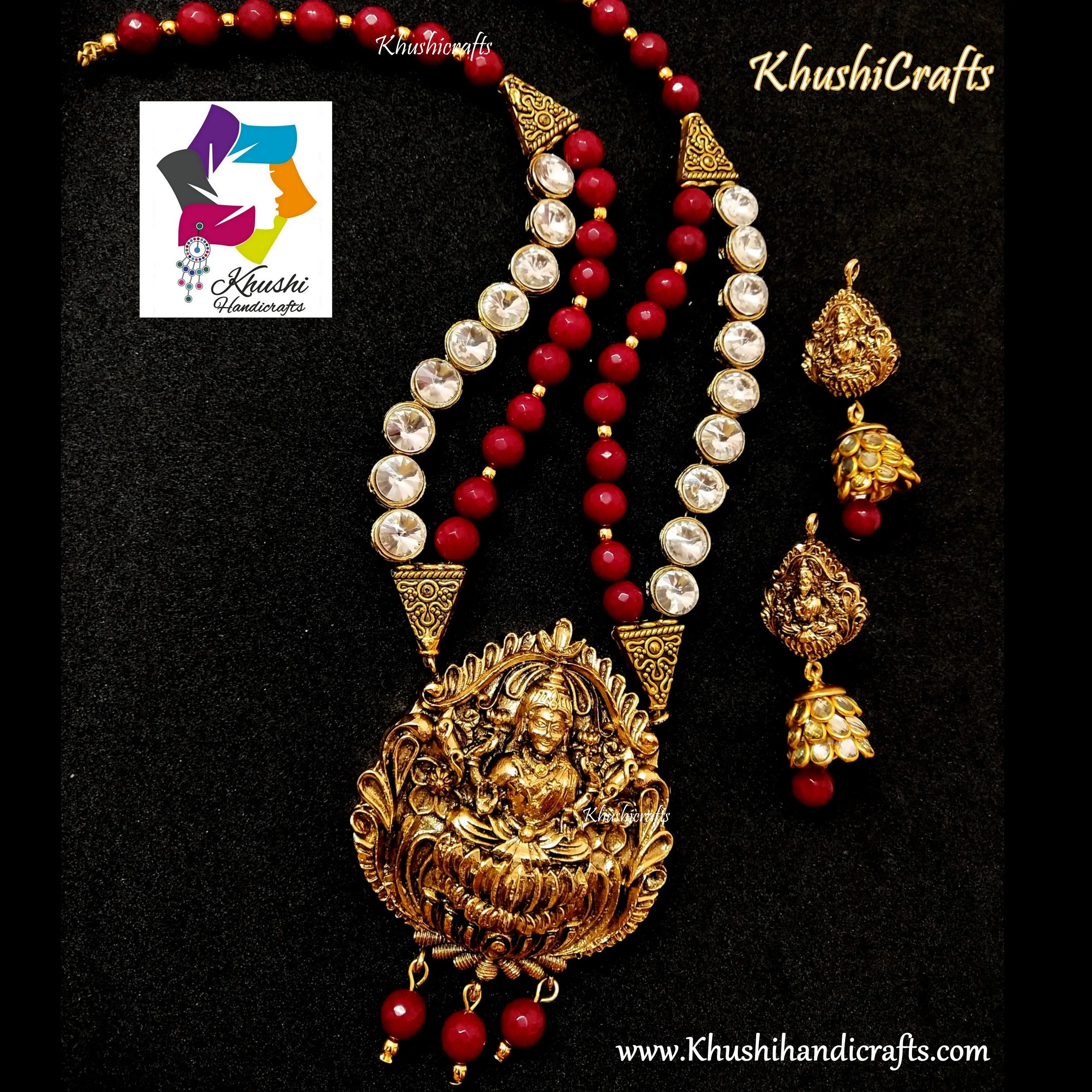 Deep Red shaded Semi precious Jewelry Set with a grand Temple Jewellery Lakshmi Pendant in Antique Gold!